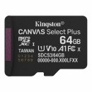 Kingston 64GB microSDXC Canvas Select Plus Gen3 Class 10 UHS-1 A1 V10 adapter nélkül SDCS3/64GBSP Kingston 64GB microSDXC Canvas Select Plus Gen3 Class 10 UHS-1 A1 V10 adapter nélkül SDCS3/64GBSP