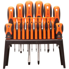 18 db-os csavarhúzó készlet + akasztó 6 db egyenes, 6 db csillag és 6 db torx csavarhúzó, asztali/fali konzollal, króm-vanádium. 18 db-os csavarhúzó készlet + akasztó 6 db egyenes, 6 db csillag és 6 db torx csavarhúzó, asztali/fali konzollal, króm-vanádium.