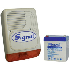 SIGNAL PS-128A + 4Ah akkumul&aacute;tor K&uuml;lt&eacute;ri hang-f&eacute;nyjelző szabot&aacute;zsv&eacute;dett f&eacute;mh&aacute;zban, 115dB + 12V 4Ah akkumul&aacute;tor.