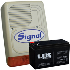SIGNAL PS-128A + 7Ah akkumulátor Kültéri hang-fényjelző szabotázsvédett fémházban, 115dB + 12V 7Ah akkumulátor.