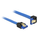 Delock SATA-kábel, 6 Gb/s, hüvely, egyenes  SATA hüvely, lefelé ívelt, 30 cm, kék aranyszínu kapcso 85090