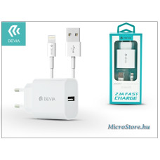 Devia Apple iPhone 5/5S/5C/SE/6S/6S Plus USB h&aacute;l&oacute;zati t&ouml;ltő adapter + lightning adatk&aacute;bel 1,2 m-es vezet&eacute;kkel - 5V/2,1A - Devia Smart Fast Charger Suit - white ST300363